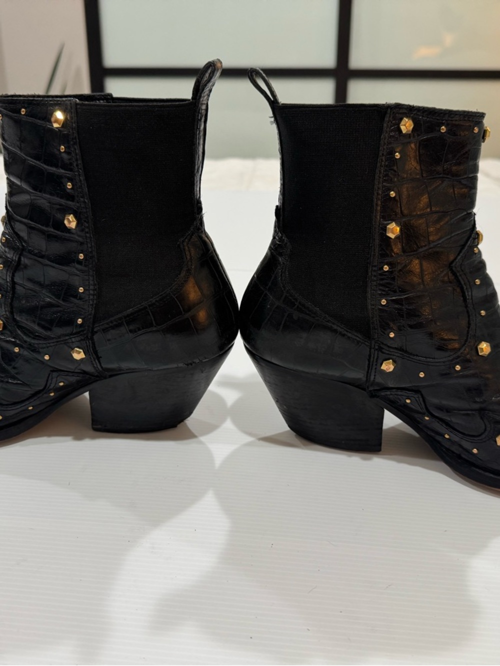 Vince Camuto Black Pointed Western Ankle Boots with Gold Studs - Picture 9 of 9